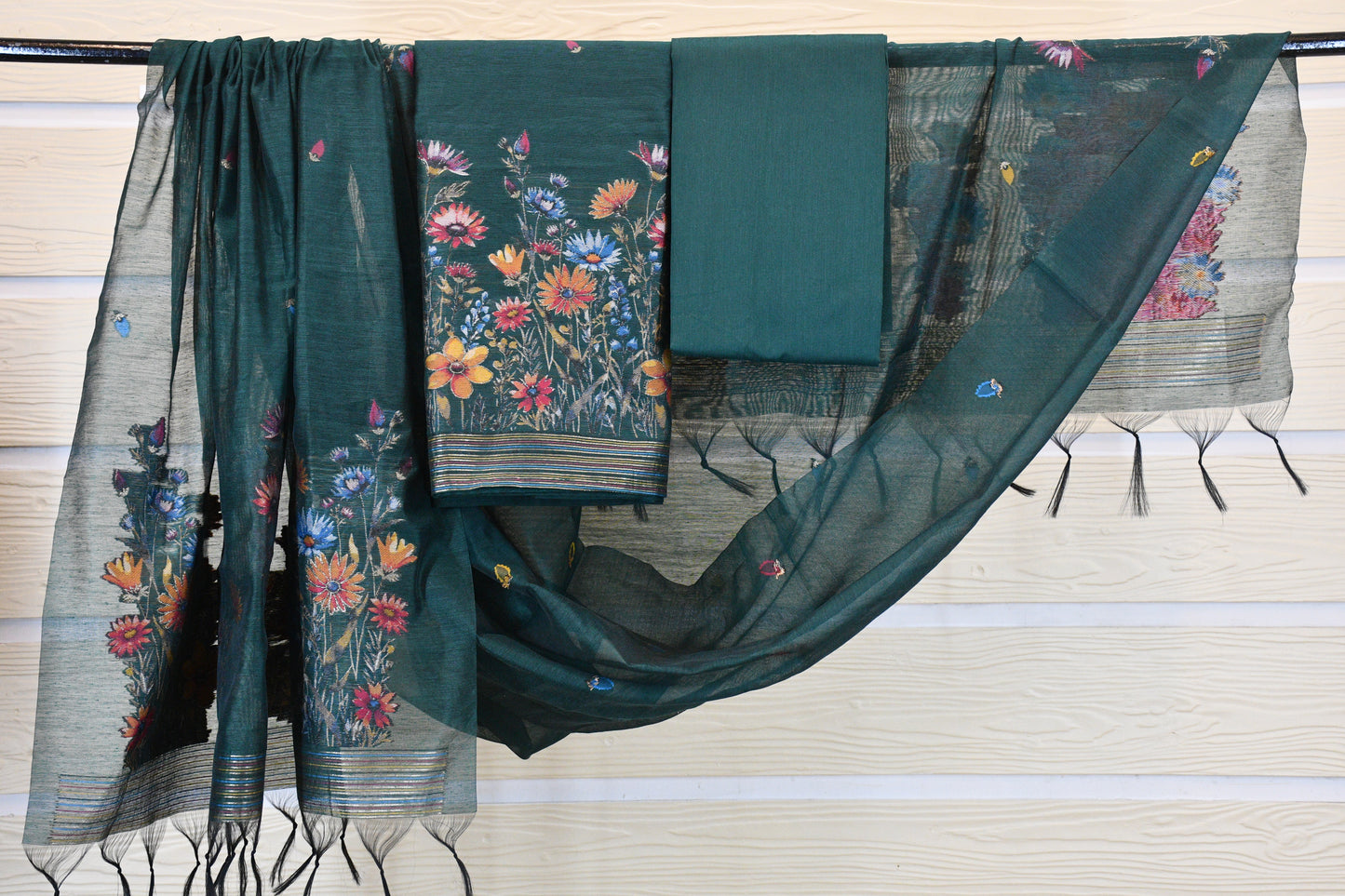 Deep Teal Linen Dress Material with Multicolor Floral Weaving & Tasselled Dupatta