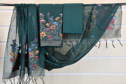 Deep Teal Linen Dress Material with Multicolor Floral Weaving & Tasselled Dupatta