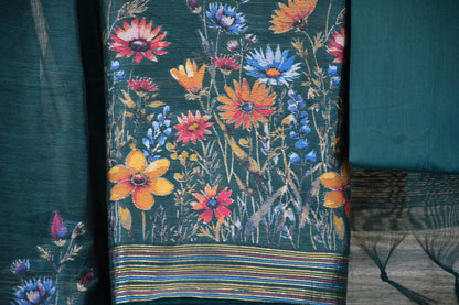 Deep Teal Linen Dress Material with Multicolor Floral Weaving & Tasselled Dupatta