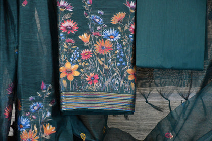 Deep Teal Linen Dress Material with Multicolor Floral Weaving & Tasselled Dupatta
