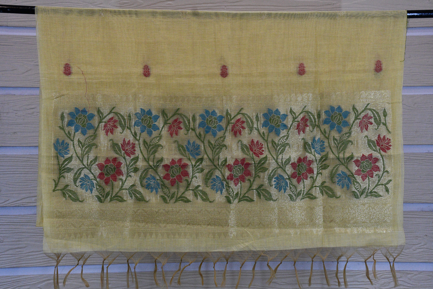 Soft Yellow Handwoven Linen Dress Material with Floral Zari Border & Tasselled Dupatta