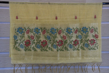 Soft Yellow Handwoven Linen Dress Material with Floral Zari Border & Tasselled Dupatta