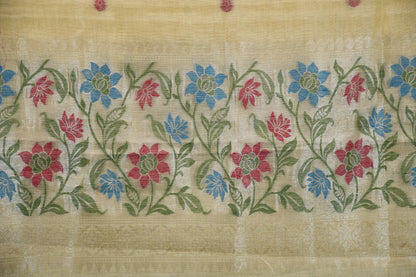 Soft Yellow Handwoven Linen Dress Material with Floral Zari Border & Tasselled Dupatta