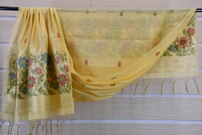 Soft Yellow Handwoven Linen Dress Material with Floral Zari Border & Tasselled Dupatta