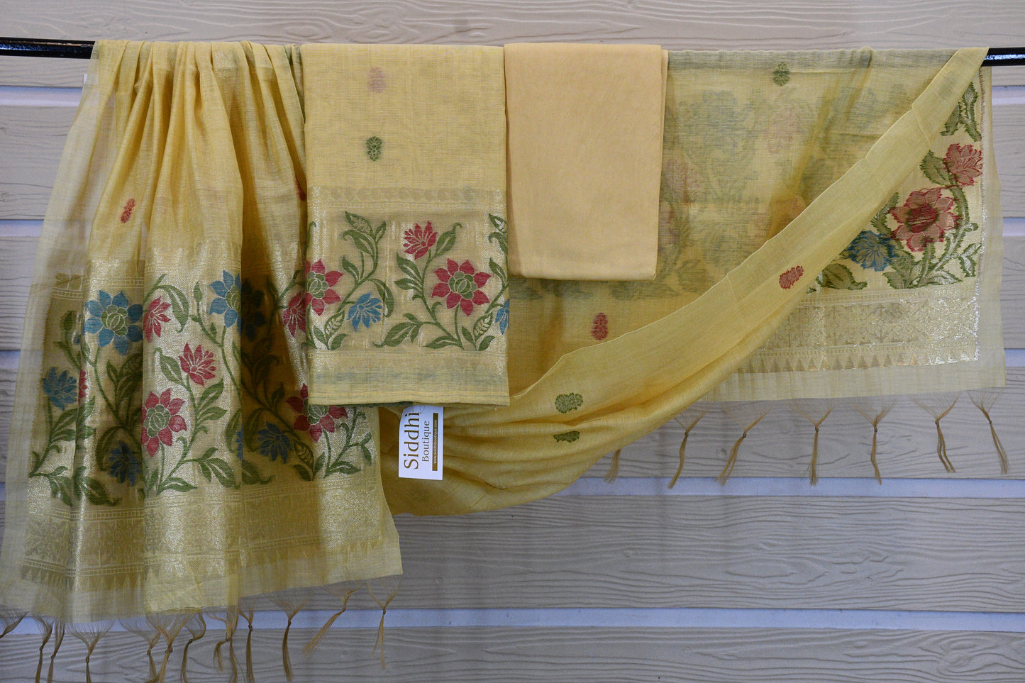 Soft Yellow Handwoven Linen Dress Material with Floral Zari Border & Tasselled Dupatta