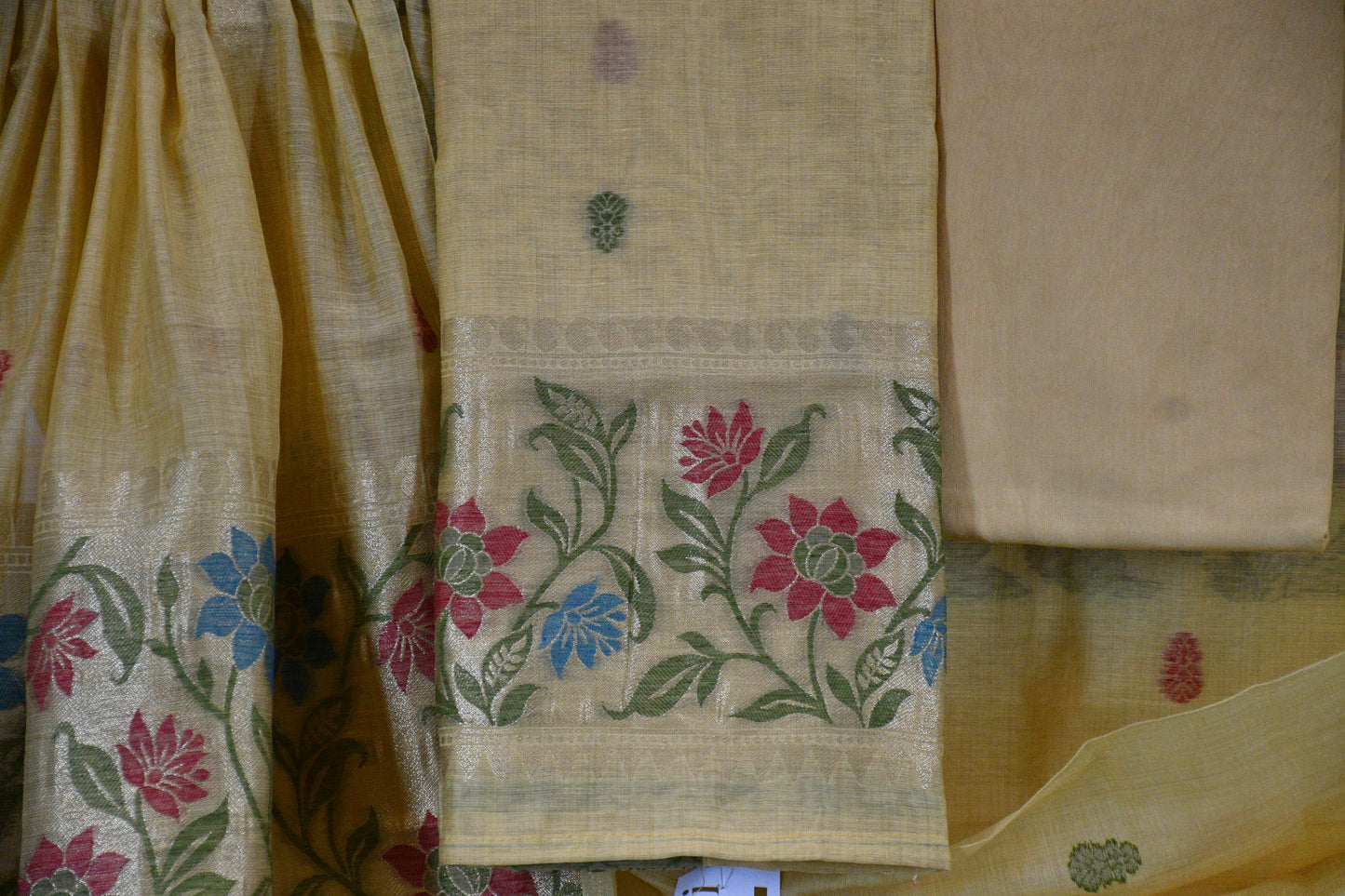 Soft Yellow Handwoven Linen Dress Material with Floral Zari Border & Tasselled Dupatta