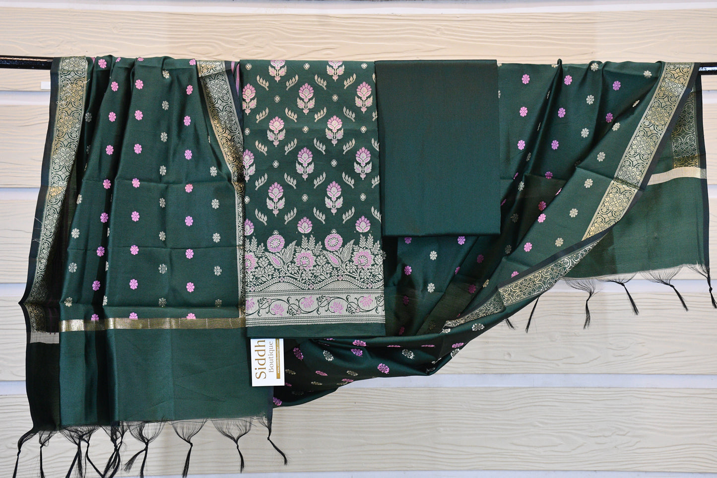 Emerald Green Floral Woven Dress Material with Dupatta