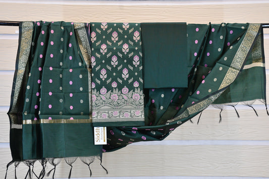 Emerald Green Floral Woven Dress Material with Dupatta