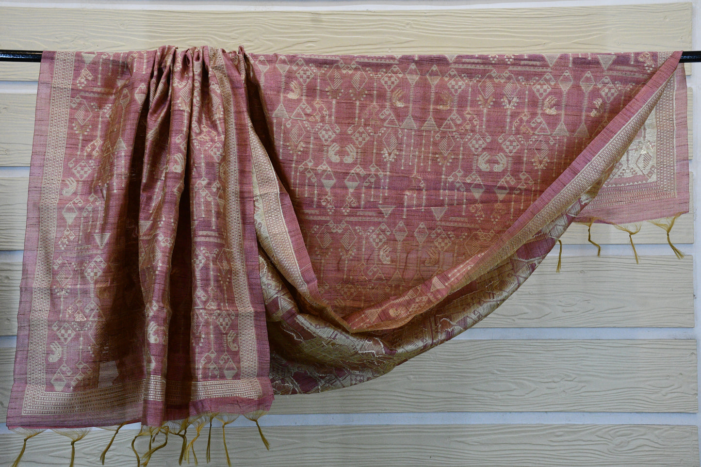 Dusky Rose Handwoven Linen Dress Material with Tribal-Inspired Zari Motifs & Tasselled Dupatta
