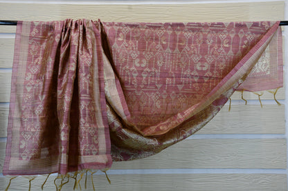 Dusky Rose Handwoven Linen Dress Material with Tribal-Inspired Zari Motifs & Tasselled Dupatta
