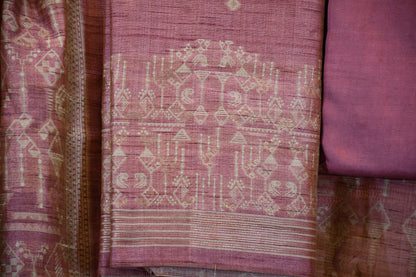 Dusky Rose Handwoven Linen Dress Material with Tribal-Inspired Zari Motifs & Tasselled Dupatta