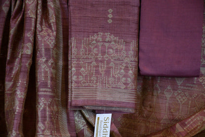 Dusky Rose Handwoven Linen Dress Material with Tribal-Inspired Zari Motifs & Tasselled Dupatta
