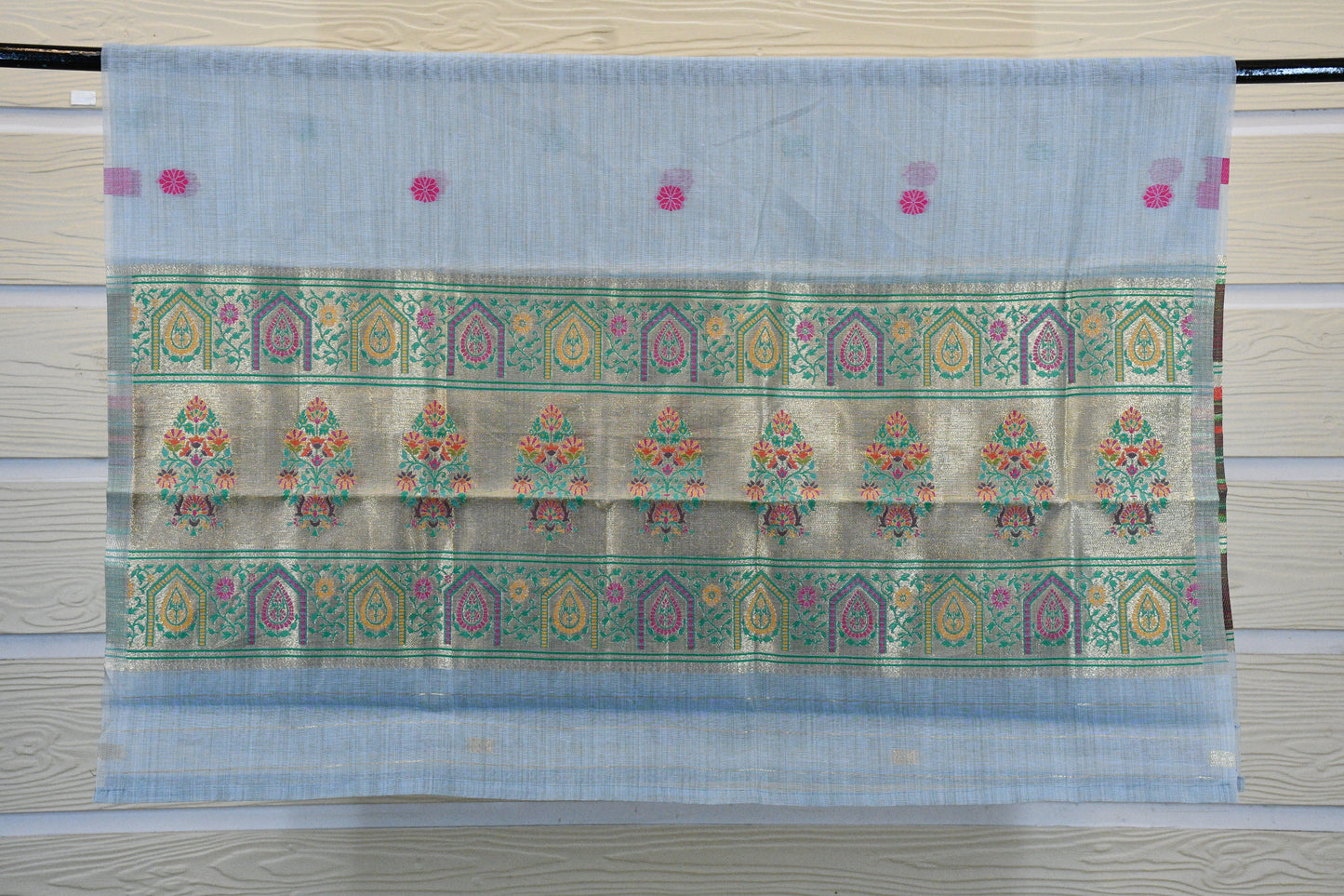 Blue Handwoven Linen Dress Material with Multicolor Zari Border & Woven Dupatta