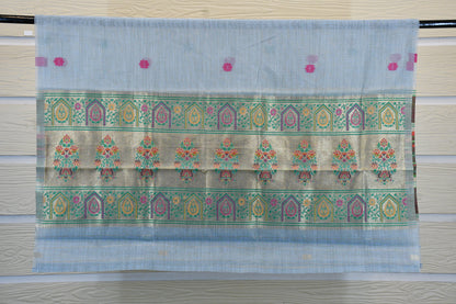 Blue Handwoven Linen Dress Material with Multicolor Zari Border & Woven Dupatta