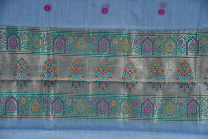 Blue Handwoven Linen Dress Material with Multicolor Zari Border & Woven Dupatta
