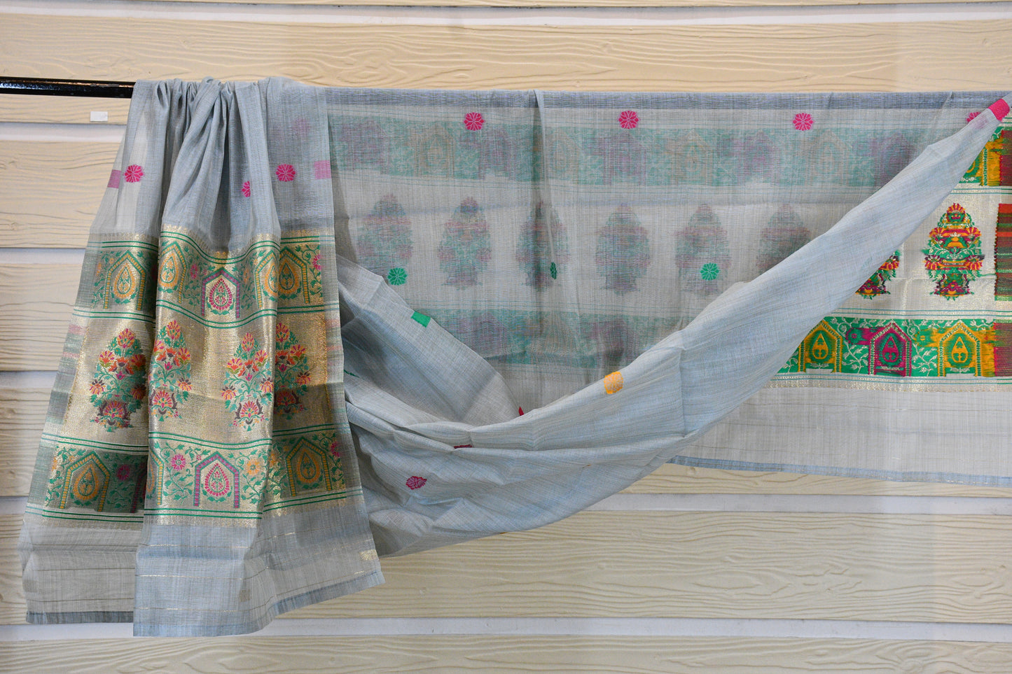 Blue Handwoven Linen Dress Material with Multicolor Zari Border & Woven Dupatta