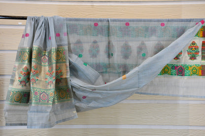 Blue Handwoven Linen Dress Material with Multicolor Zari Border & Woven Dupatta