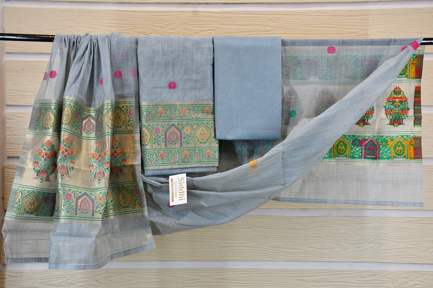 Blue Handwoven Linen Dress Material with Multicolor Zari Border & Woven Dupatta