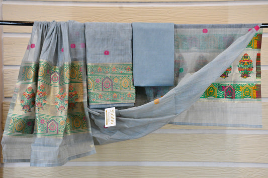 Blue Handwoven Linen Dress Material with Multicolor Zari Border & Woven Dupatta