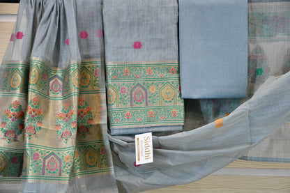 Blue Handwoven Linen Dress Material with Multicolor Zari Border & Woven Dupatta