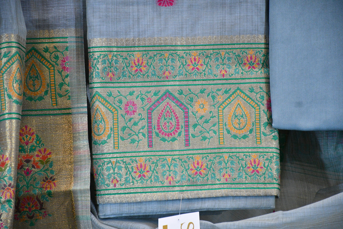 Blue Handwoven Linen Dress Material with Multicolor Zari Border & Woven Dupatta