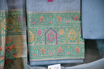 Blue Handwoven Linen Dress Material with Multicolor Zari Border & Woven Dupatta