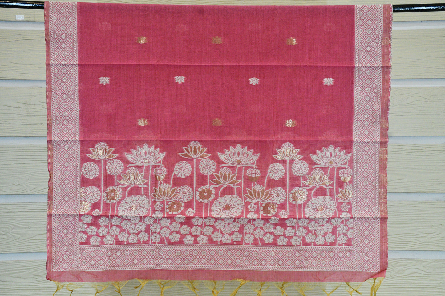 Rose Pink Handwoven Linen Dress Material with Lotus Zari Motifs & Elegant Dupatta