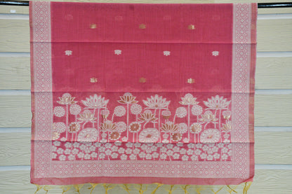 Rose Pink Handwoven Linen Dress Material with Lotus Zari Motifs & Elegant Dupatta