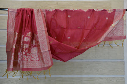 Rose Pink Handwoven Linen Dress Material with Lotus Zari Motifs & Elegant Dupatta