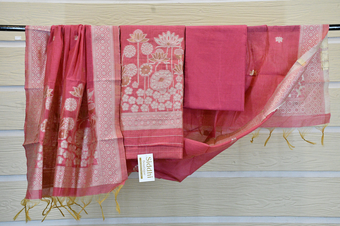 Rose Pink Handwoven Linen Dress Material with Lotus Zari Motifs & Elegant Dupatta