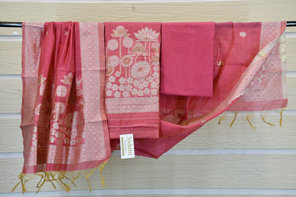 Rose Pink Handwoven Linen Dress Material with Lotus Zari Motifs & Elegant Dupatta