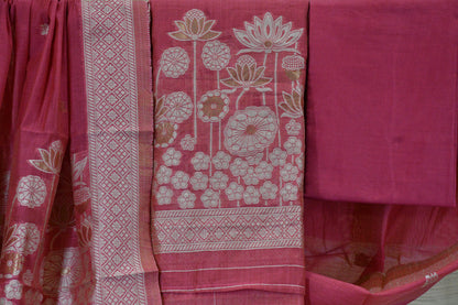 Rose Pink Handwoven Linen Dress Material with Lotus Zari Motifs & Elegant Dupatta