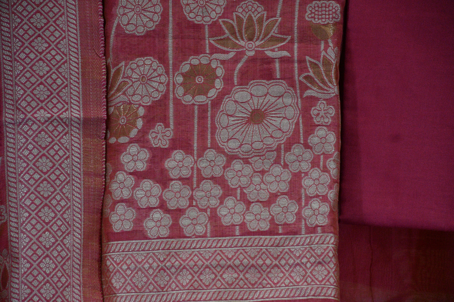Rose Pink Handwoven Linen Dress Material with Lotus Zari Motifs & Elegant Dupatta