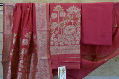 Rose Pink Handwoven Linen Dress Material with Lotus Zari Motifs & Elegant Dupatta