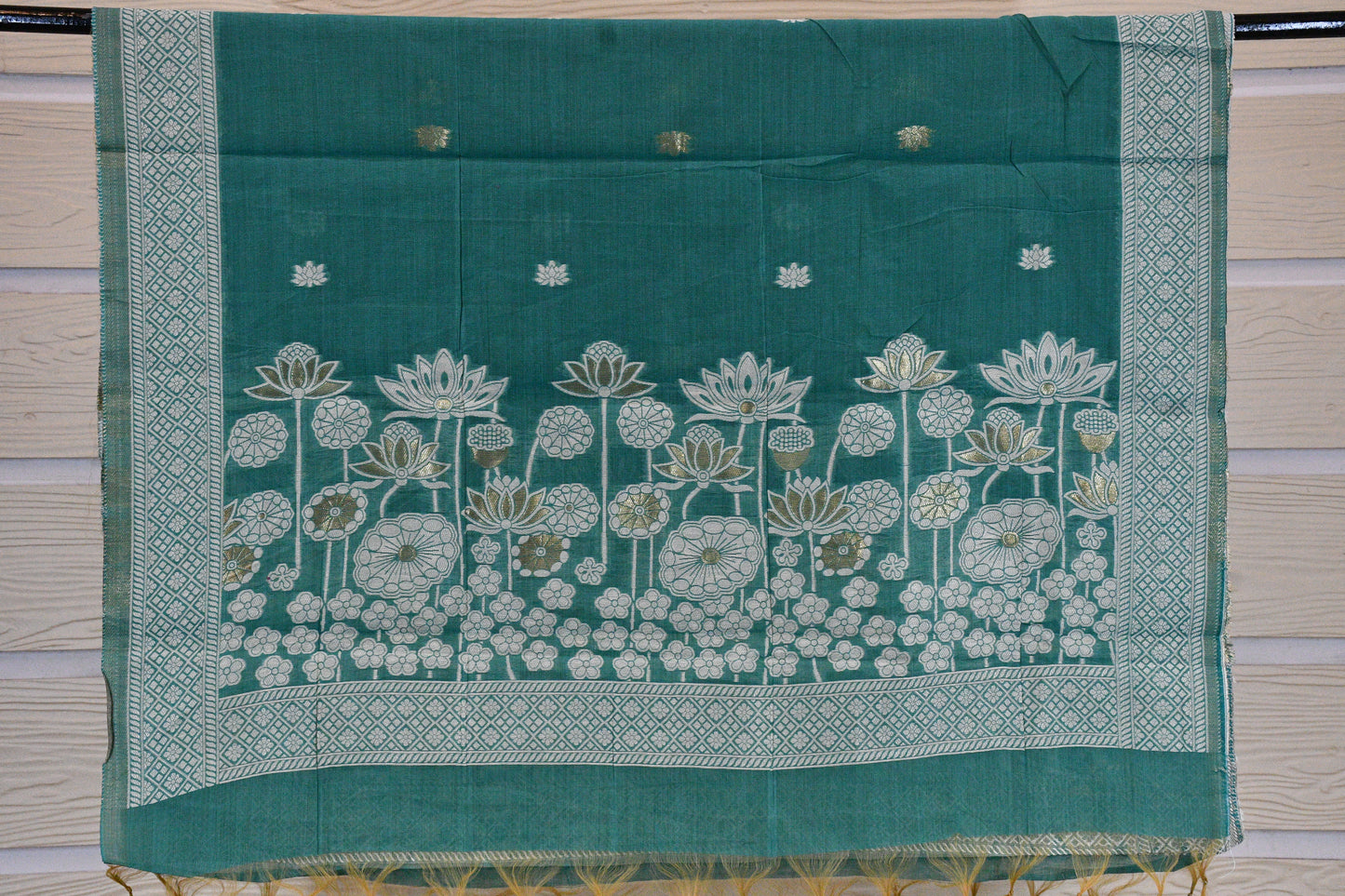 Teal Green Handwoven Linen Dress Material with Lotus Zari Motifs & Classic Dupatta