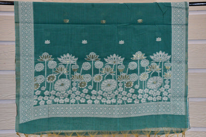 Teal Green Handwoven Linen Dress Material with Lotus Zari Motifs & Classic Dupatta