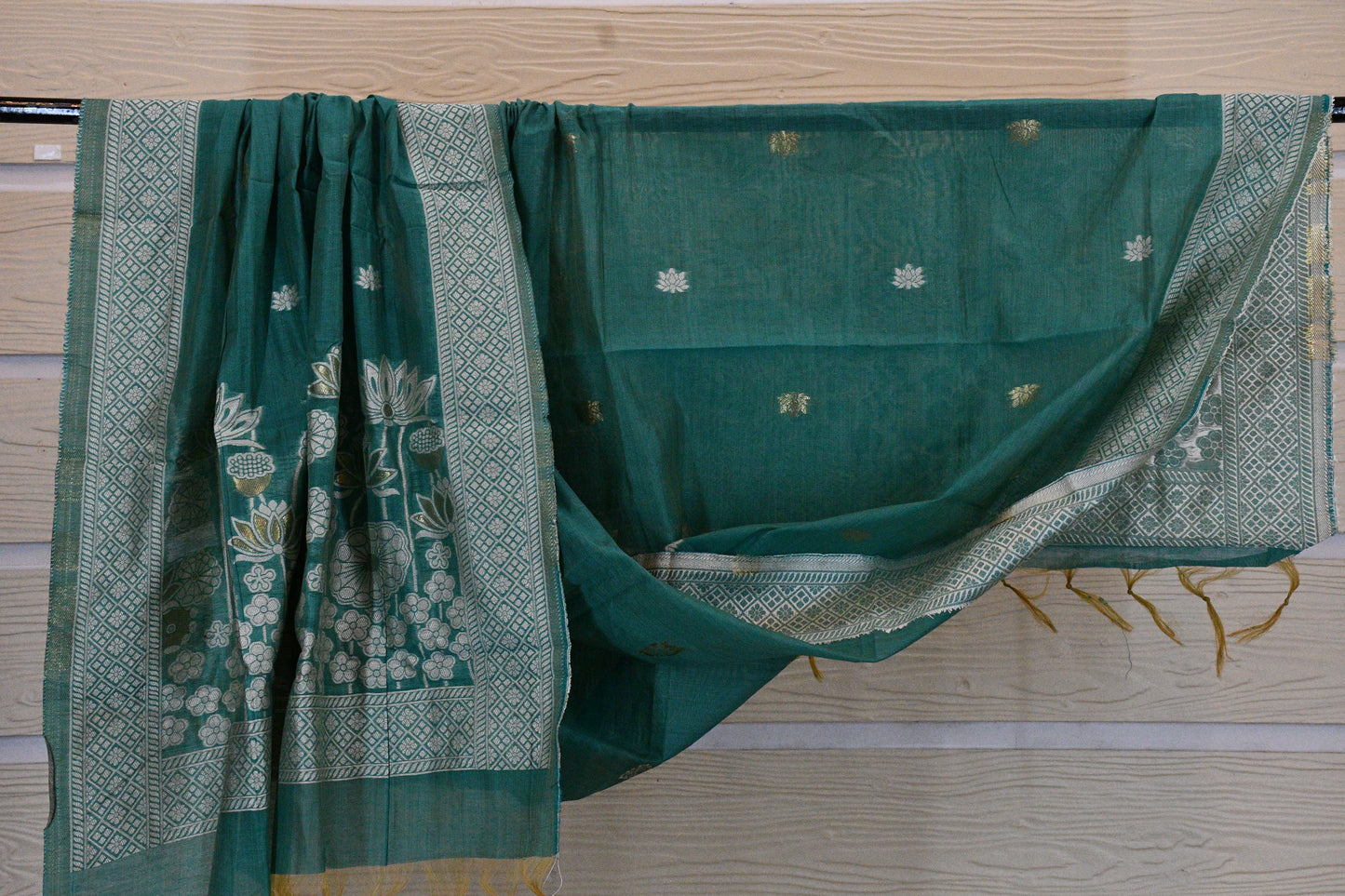 Teal Green Handwoven Linen Dress Material with Lotus Zari Motifs & Classic Dupatta