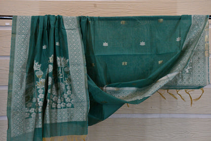 Teal Green Handwoven Linen Dress Material with Lotus Zari Motifs & Classic Dupatta