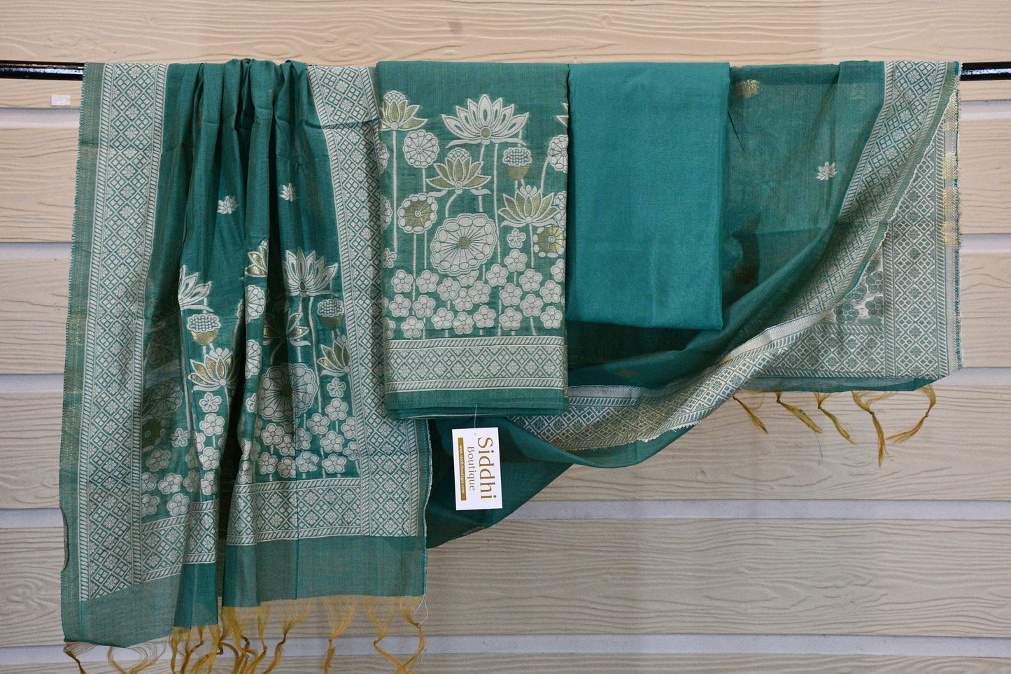 Teal Green Handwoven Linen Dress Material with Lotus Zari Motifs & Classic Dupatta