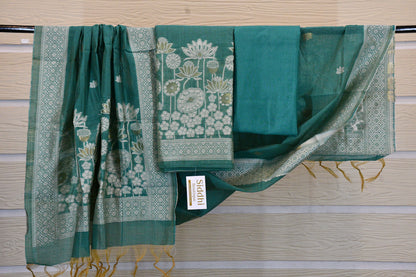 Teal Green Handwoven Linen Dress Material with Lotus Zari Motifs & Classic Dupatta