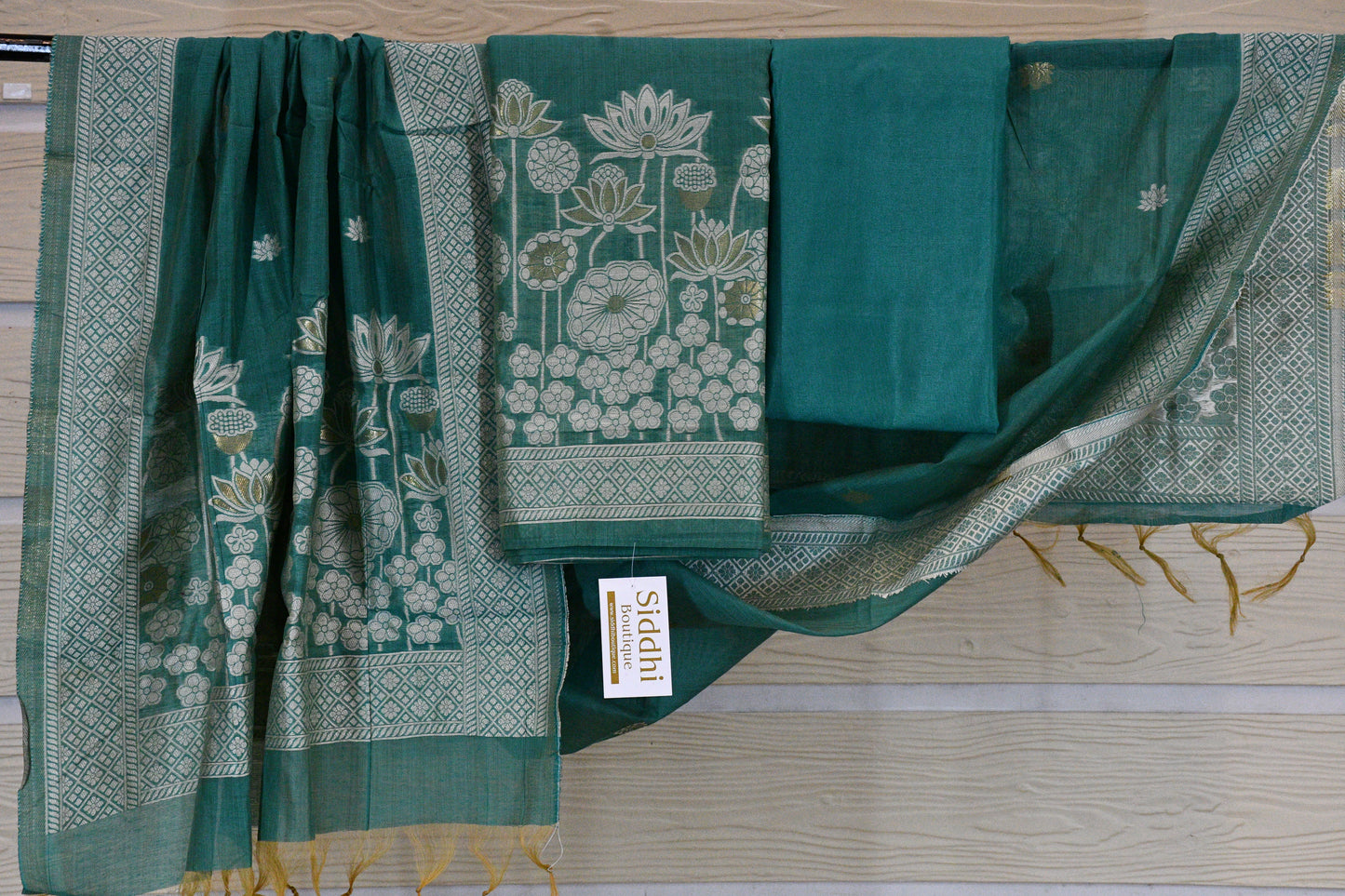 Teal Green Handwoven Linen Dress Material with Lotus Zari Motifs & Classic Dupatta