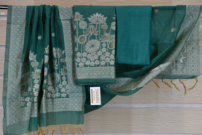Teal Green Handwoven Linen Dress Material with Lotus Zari Motifs & Classic Dupatta