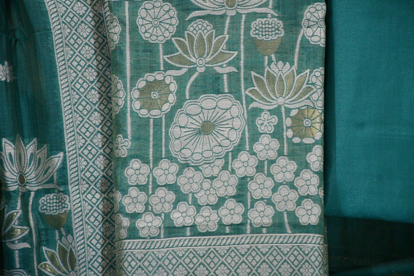 Teal Green Handwoven Linen Dress Material with Lotus Zari Motifs & Classic Dupatta