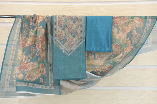 Teal Blue Digital Floral Print Dress Material