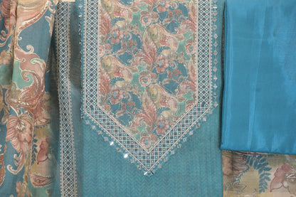 Teal Blue Digital Floral Print Dress Material