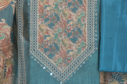 Teal Blue Digital Floral Print Dress Material