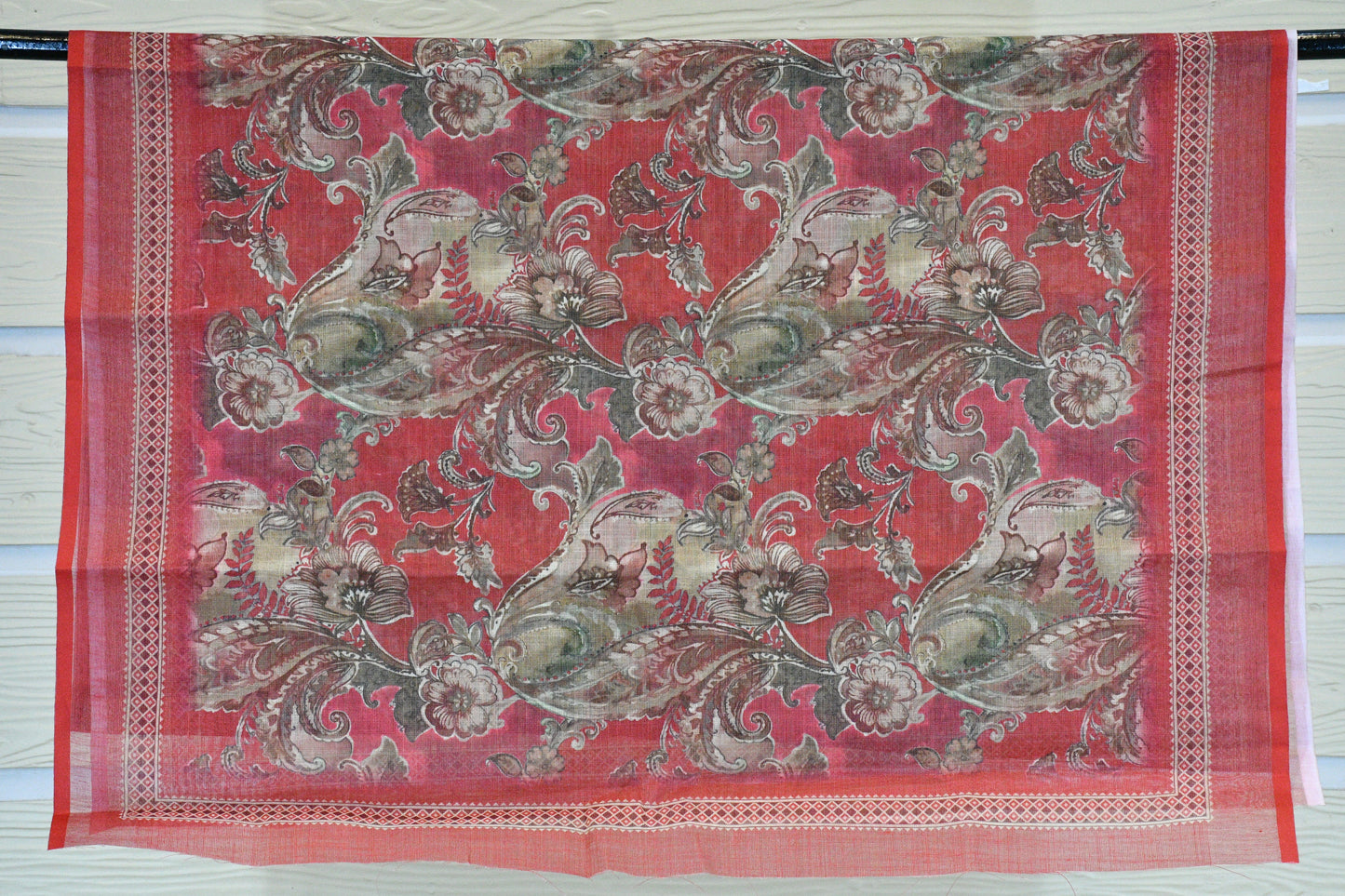 Brick Red Floral Printed Dress Material with Statement V-Yoke