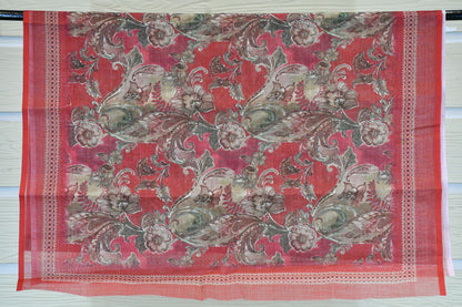 Brick Red Floral Printed Dress Material with Statement V-Yoke