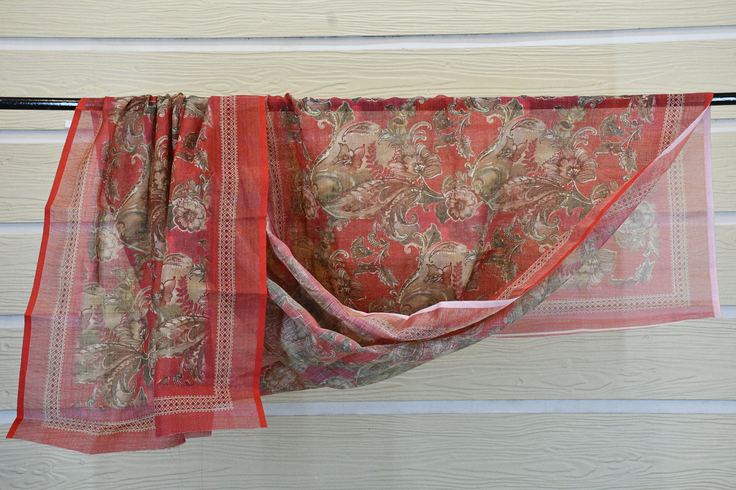 Brick Red Floral Printed Dress Material with Statement V-Yoke