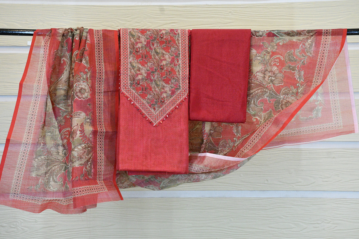 Brick Red Floral Printed Dress Material with Statement V-Yoke